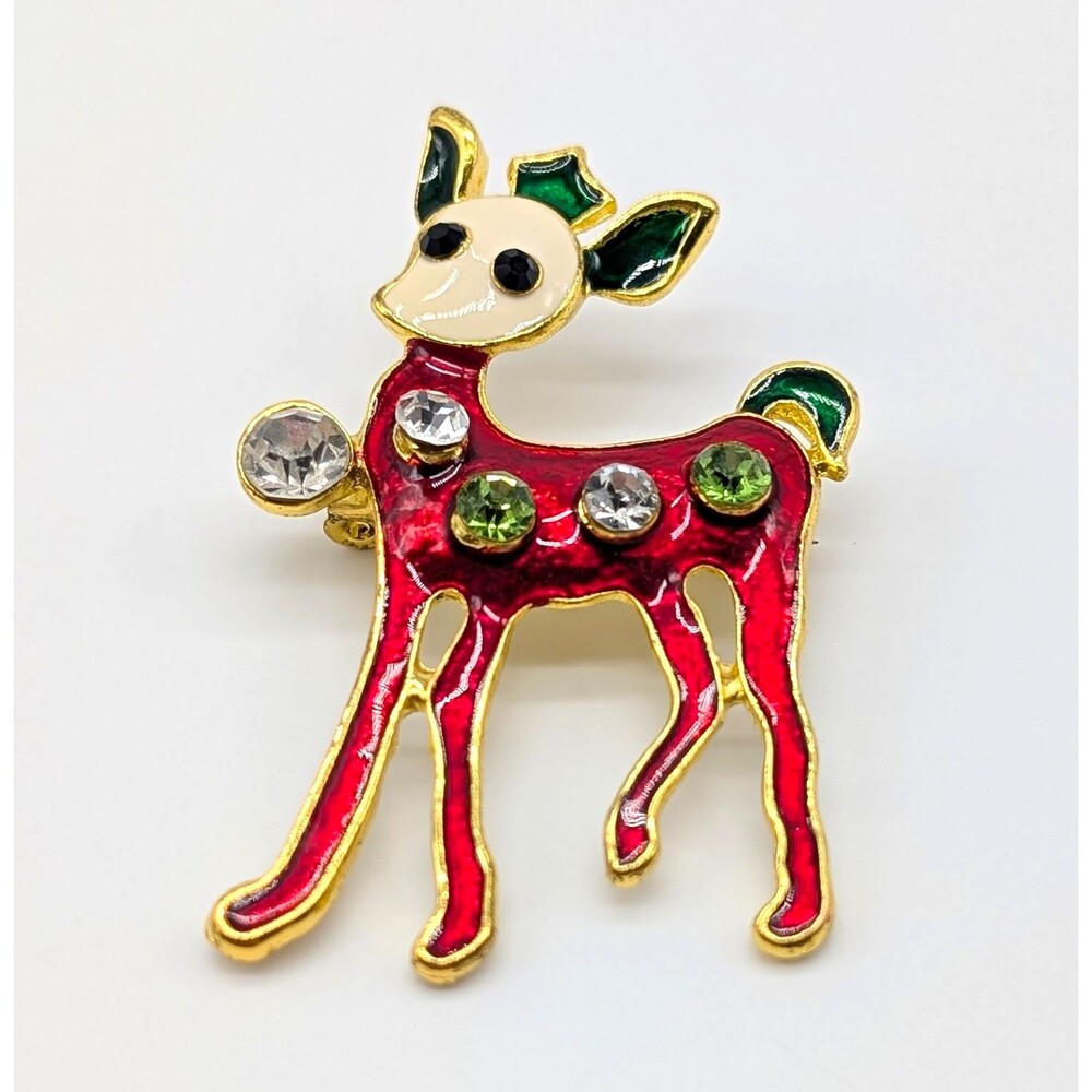 Gold Tone Red Enamel Reindeer Christmas Brooch Pin 2" Rhinestone